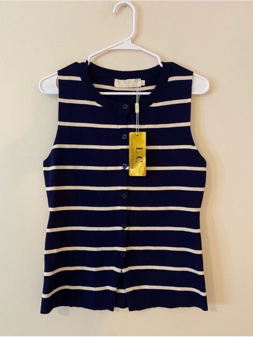 LC Nautical Navy and Cream Striped Sleeveless Button Front Top vest